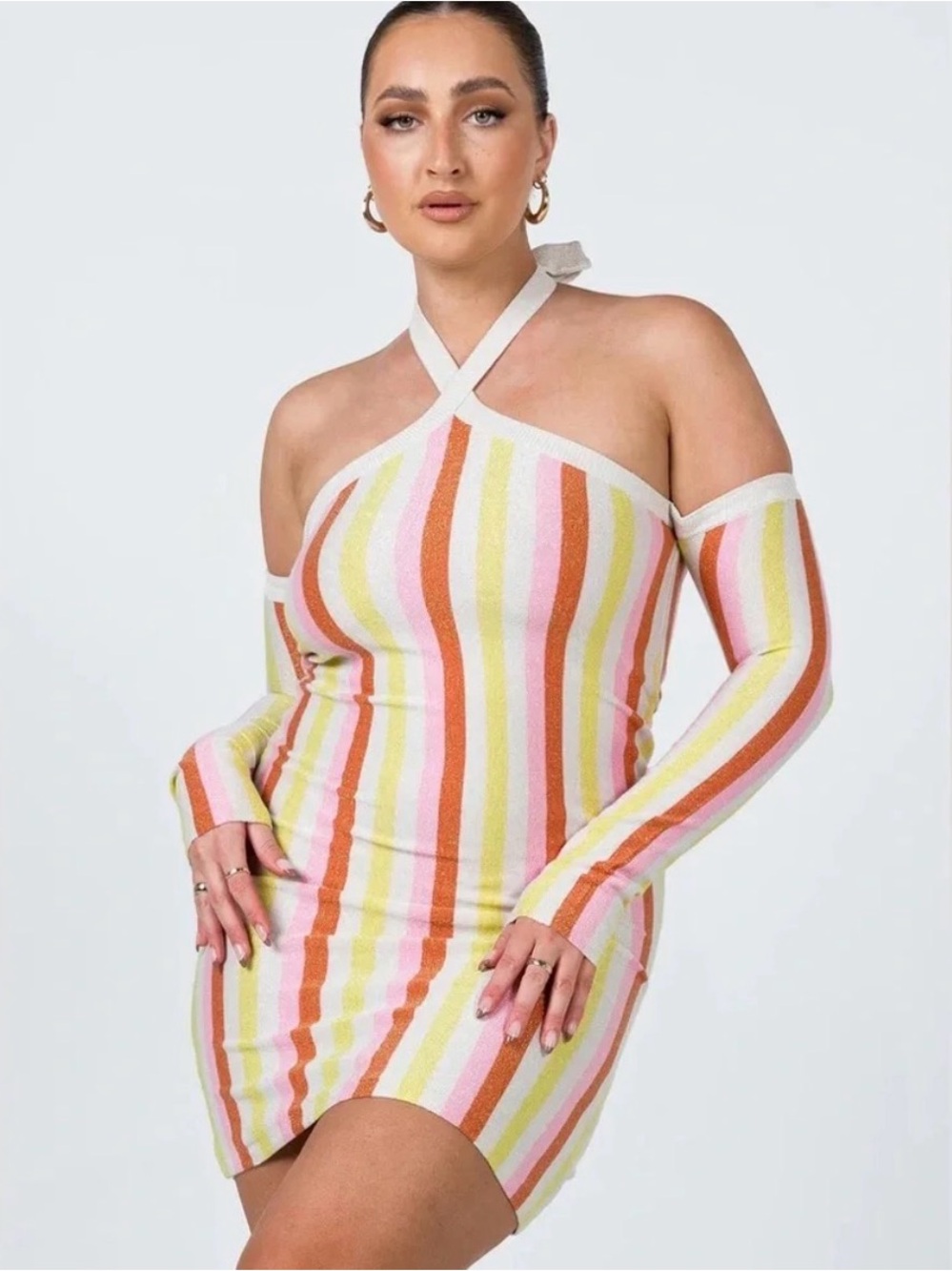 Princess Polly Striped Halter Cold Shoulder Mini Dress | Multicolor | Size S-M